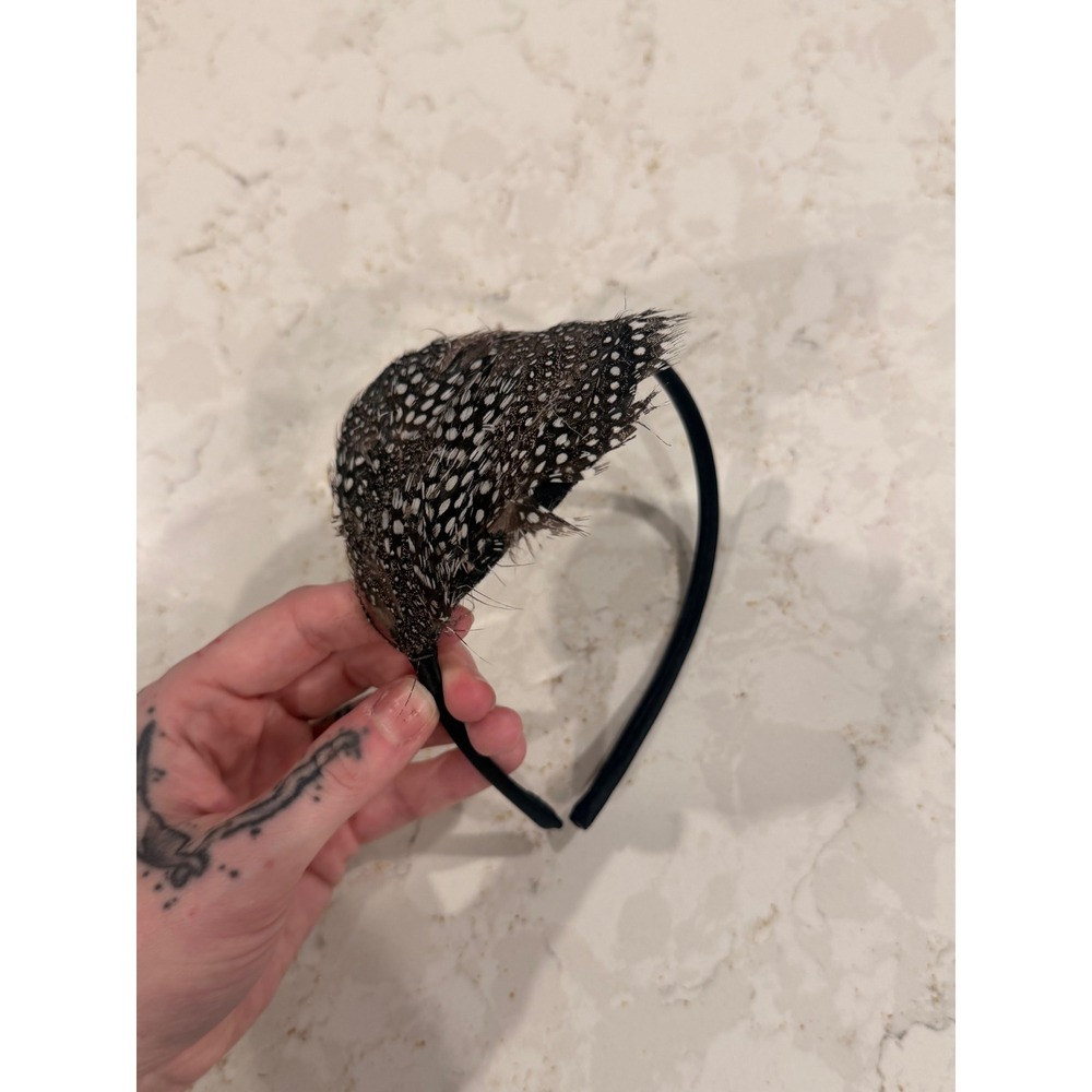 Black White Spotted Guinea Fowl Feather Headband Fascinator Hair Accessory